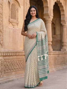Anjaneya Sarees - Beige Designer Linen Printed Saree with Unstitched Blouse