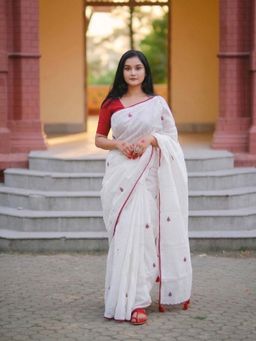 Anjaneya Sarees - White Designer Linen Printed Saree with Unstitched Blouse
