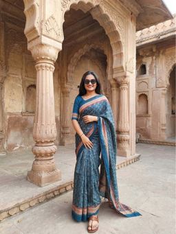 Anjaneya Sarees - Teal Designer Linen Printed Saree with Unstitched Blouse