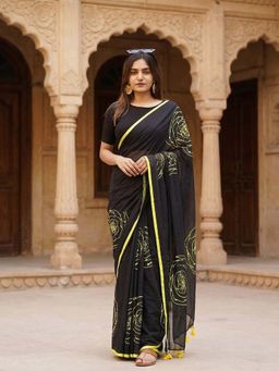 Anjaneya Sarees - Black Designer Linen Printed Saree with Unstitched Blouse