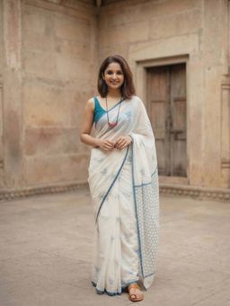 Anjaneya Sarees - White Designer Linen Printed Saree with Unstitched Blouse