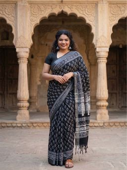 Anjaneya Sarees - Black Designer Linen Printed Saree with Unstitched Blouse
