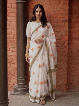 Anjaneya Sarees - White Designer Linen Printed Saree with Unstitched Blouse