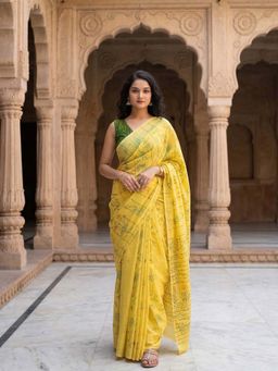 Anjaneya Sarees - Yellow Designer Linen Printed Saree with Unstitched Blouse