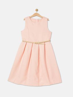 R&B - Girls Cotton Blend Pink Self Design Knee Length Dress