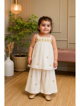 devils n angels - Girls White Floral Blended Kurta with Sharara and Dupatta