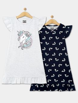 R&B - Girls Grey Cotton Graphic 2 Nightdress (Pack of 2)