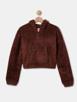 R&B - Girls Brown Cotton Blend Solid Hoodie