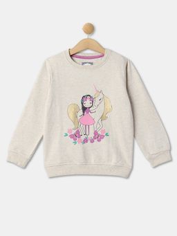 R&B - Girls Beige Cotton Blend Graphic Sweatshirt