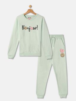 R&B - Girls Green Cotton Graphic Sweatshirt with Joggers