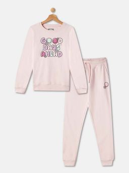 R&B - Girls Pink Cotton Graphic Sweatshirt with Joggers
