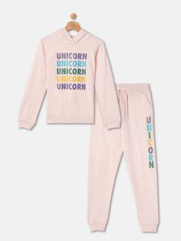 R&B - Girls Pink Cotton Graphic Hoodie with Joggers