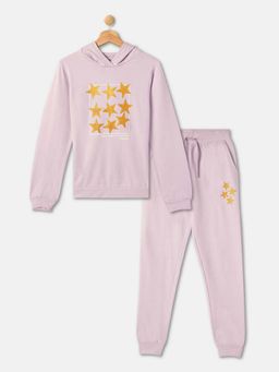 R&B - Girls Purple Cotton Graphic Hoodie with Joggers