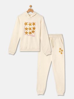 R&B - Girls Cream Cotton Graphic Hoodie with Joggers