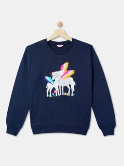 R&B - Girls Navy Blue Cotton Blend Graphic Sweatshirt