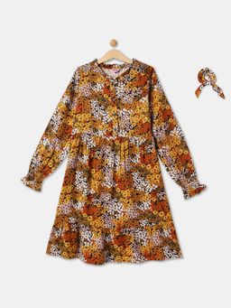R&B - Girls Viscose Mustard Floral Knee Length Dress