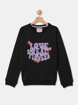R&B - Girls Black Cotton Blend Typography Sweatshirt