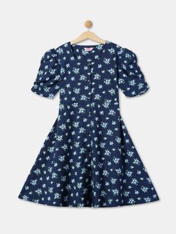 R&B - Girls Rayon Navy Blue Floral Knee Length Dress