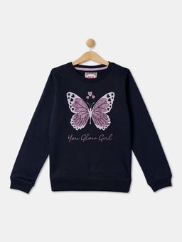 R&B - Girls Cotton Blend Graphic Navy Blue Sweatshirt