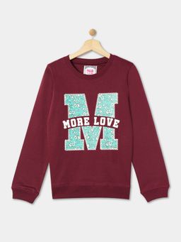 R&B - Girls Cotton Blend Typography Maroon Sweatshirt