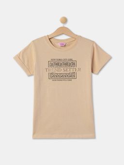 R&B - Girls Cotton Graphic Beige T-Shirt
