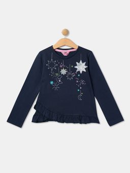 R&B - Girls Cotton Embroidered Navy Blue T-Shirt