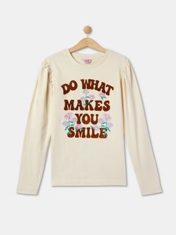 R&B - Girls Cotton Typography Beige T-Shirt