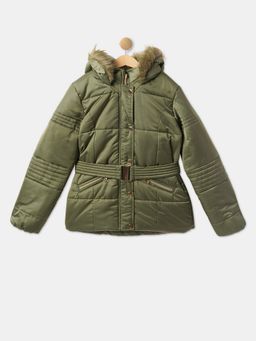 R&B - Girls Olive Cotton Solid Puffer Jacket