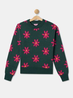 R&B - Girls Green Acrylic Floral Sweater