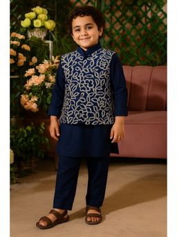 devils n angels - Boys Navy Blue Embroidered Cotton Kurta with Pyjama and Jacket