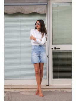 NA-KD - High Waist Raw Hem Denim Shorts-Light Blue