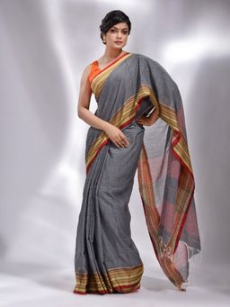 CHARUKRITI - Dark Grey Pure Cotton Handwoven Stripe Designs Saree with Unstitched Blouse