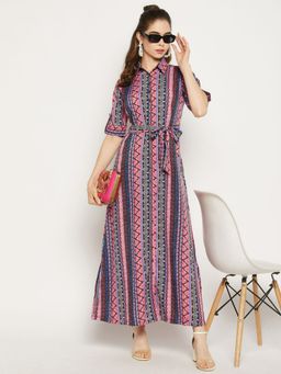 Uptownie - Womens Crepe Solid Button Down Shirt Maxi Dress Pink