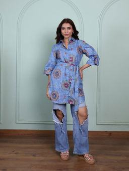 ALLUREARMOIRE - Embroidered Blue Tunic with Belt (Set of 2)