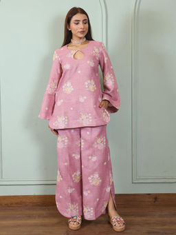 ALLUREARMOIRE - Women Premium Pink Sequenced Linen Co-Ord (Set of 2)