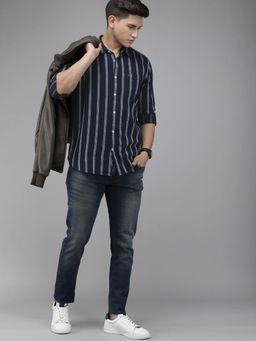 The Bear House - Men Navy Blue Slim Fit Striped Cotton Casual Shirt