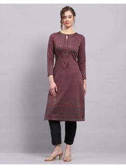 Monte Carlo - Women Printed Purple Round Neck Full Sleeves Kurta