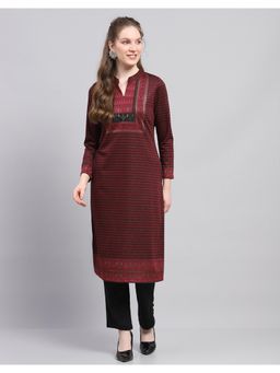Monte Carlo - Women Printed Maroon Mandarin Neck Full Sleeve Kurta