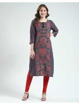 Monte Carlo - Women Printed Navy Blue Round Neck Kurta