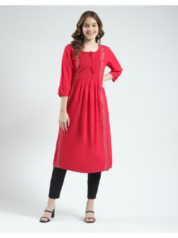 Monte Carlo - Women Embroidered Red Round Neck Kurta