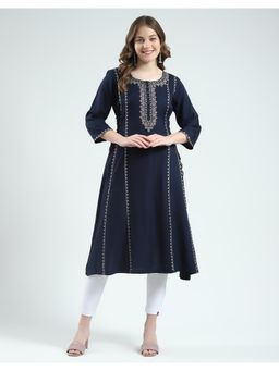 Monte Carlo - Women Printed Navy Blue Round Neck Kurta