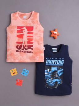 Bumzee - Peach and Navy Blue Boys Sleeveless Cotton T-Shirts (Pack of 2)