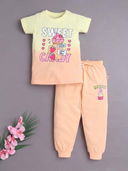 Bumzee - Peach and Yellow Girls Half Sleeves Cotton T-Shirt and Joggers Age - 2-3 Years