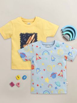 Bumzee - Yellow and Sky Blue Boys Half Sleeves Cotton T-Shirts (Pack of 2)