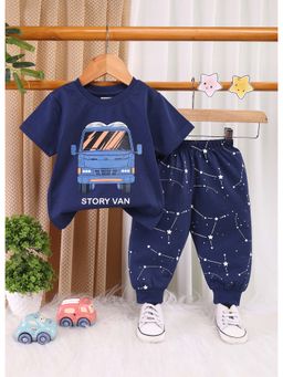 Bumzee - Navy Blue Boys Half Sleeves Cotton T-Shirt and Joggers