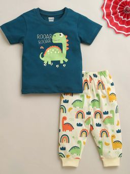 Bumzee - Teal Blue and Cream Boys Half Sleeves Cotton T-Shirt and Pyjama