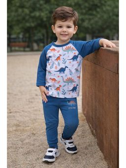 Bumzee - Navy Blue and White Boys Full Sleeves Cotton T-Shirt and Pyjama