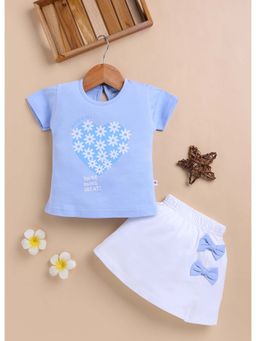 Bumzee - Sky Blue and White Girls Half Sleeves T-Shirt and Skirt