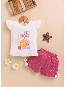 Bumzee - Beige and Pink Girls Ruffle Sleeves T-Shirt and Short