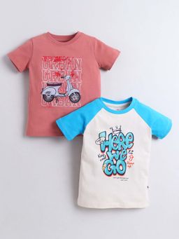 Bumzee - Beige and Brick Red Boys Half Sleeves Cotton T-Shirts (Pack of 2)